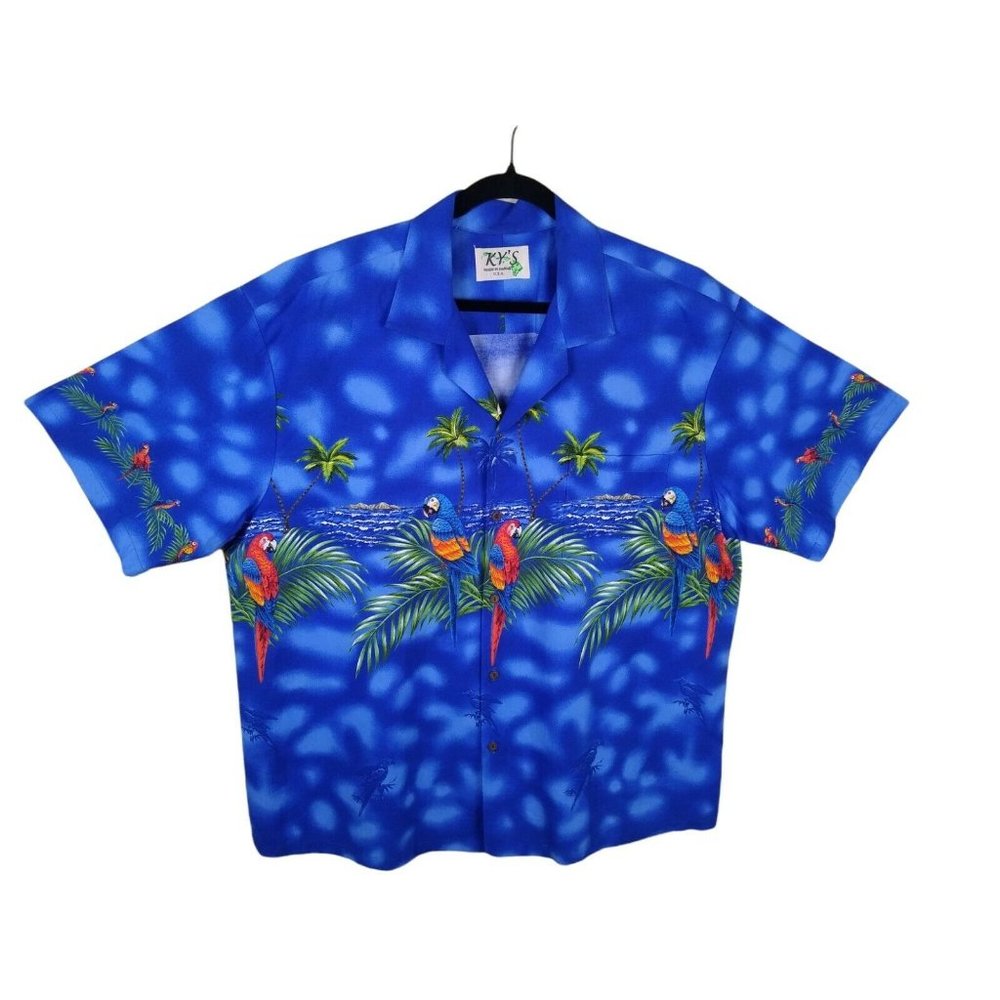 KY's Made In Hawaii Blue Parrot Hawaiian Shirt Men's Size 2XL